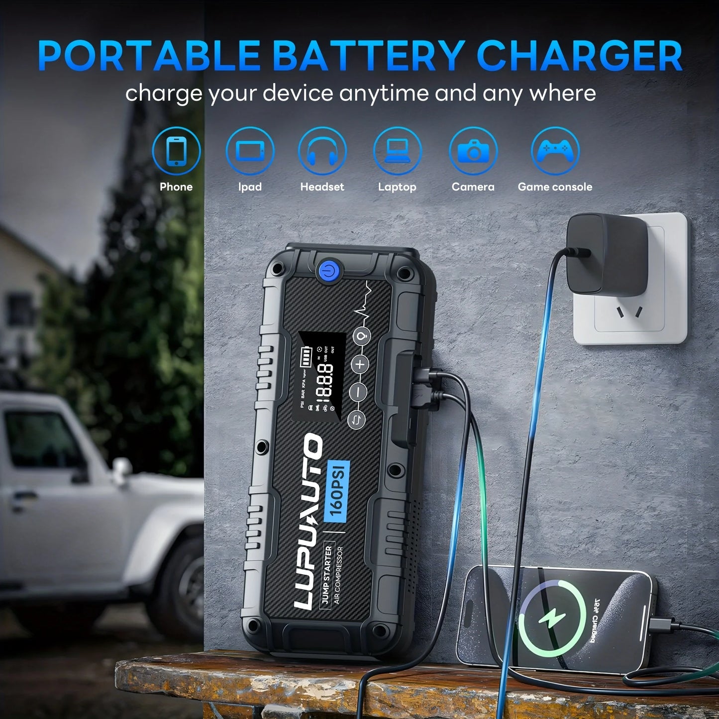 7000A Portable Car Jump Starter with Air Compressor | Battery Booster Pack | Digital Tire Inflator | Power Bank & LED Emergency Light