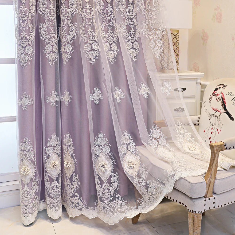 Luxury Embroidered Floral Blackout Curtains. Elegant Vintage Window Panels
