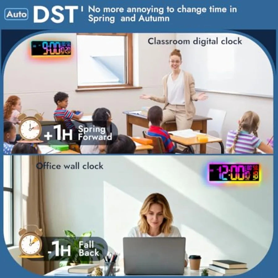 RGB LED Digital Wall Clock with Remote Control, Temperature Display, Alarm & Date Function