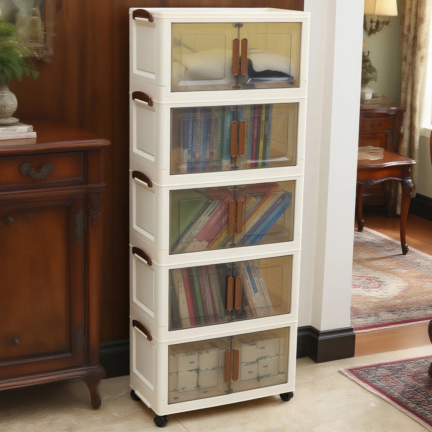 Foldable storage cabinet with stackable storage box, transparent magnetic door + universal wheels + stackable design