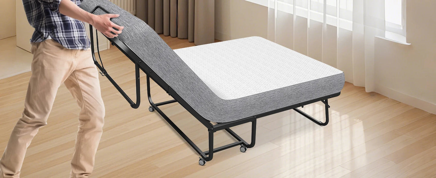 75''x46'' Folding Bed with Mattress for Adults, Large Size Rollaway Folded Bed for Guest, Sturdy Frame,Comfortable Sleep