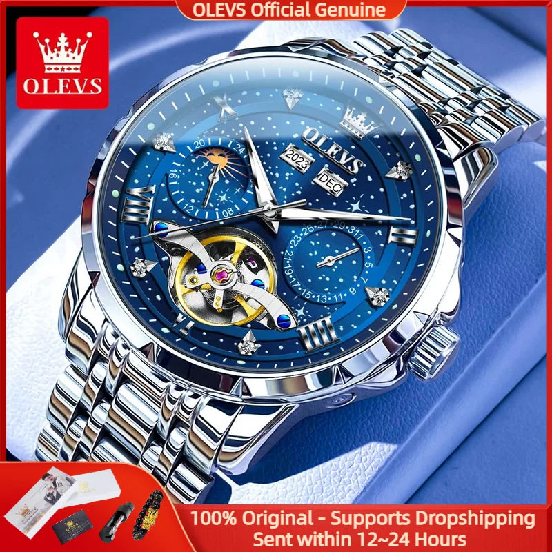 Men’s Luxury Skeleton Watch – Stainless Steel Starry Dial Design