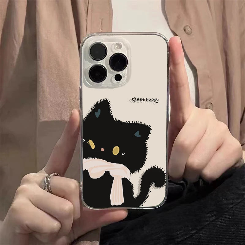Cute Black & White Cat Couple iPhone Case . Matching Cartoon Cat Design, Aesthetic Protective Cover