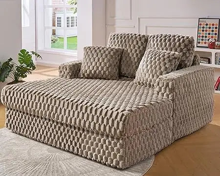 53 Inch Chaise Lounge Indoor, Plush Sleeper Chair with Throw Pillows, Upholstered Sofa Bed with Armrests, Plush Chair Bed for L
