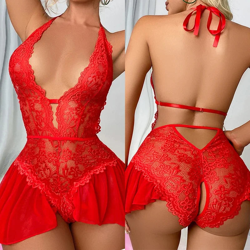 Women's Floral Lace Babydoll Lingerie Set.  Sheer Mesh Halter Nightdress with Matching Panties