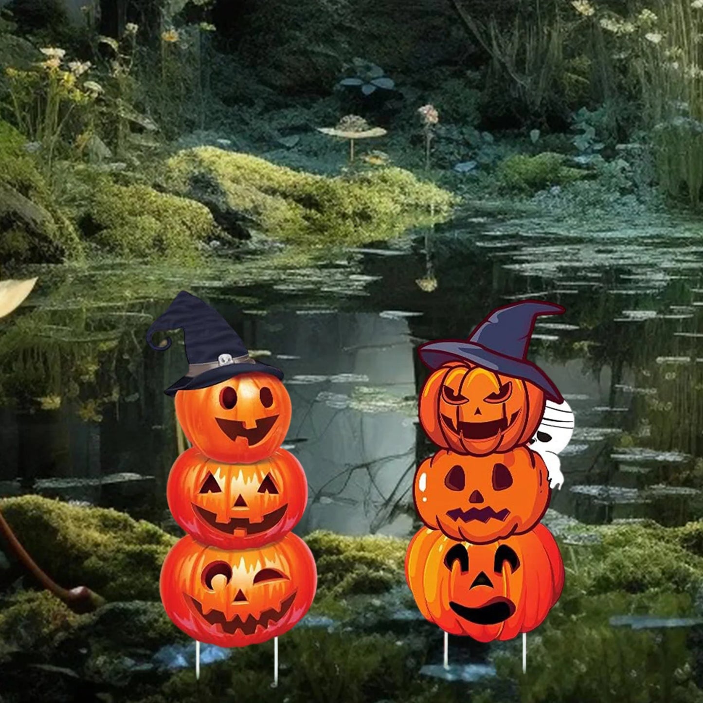Halloween Pumpkin Stack Yard Signs With Witch Hats Set Of 2