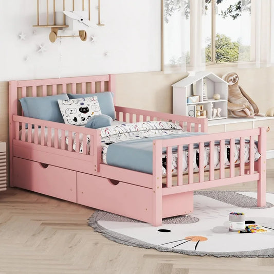 Kids Twin Bed with Guardrails, Low Platform Bed with Headboard and Footboard, Pink Children Bed Frame with 2 Drawers for Boy Gir