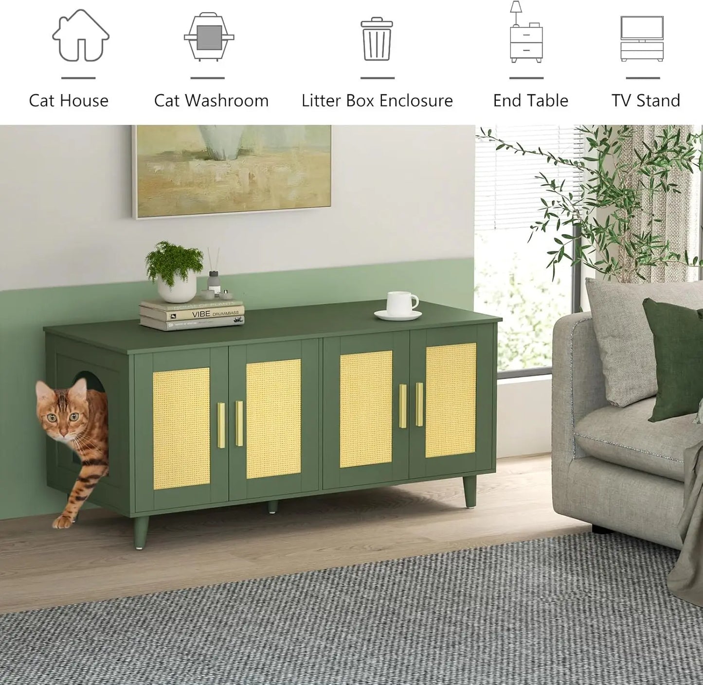 Homhedy Boho Cat Litter Box Enclosure for 2 Cats Litter Box Furniture Hidden with Double Rattan Decorated Doors,Wooden Cat