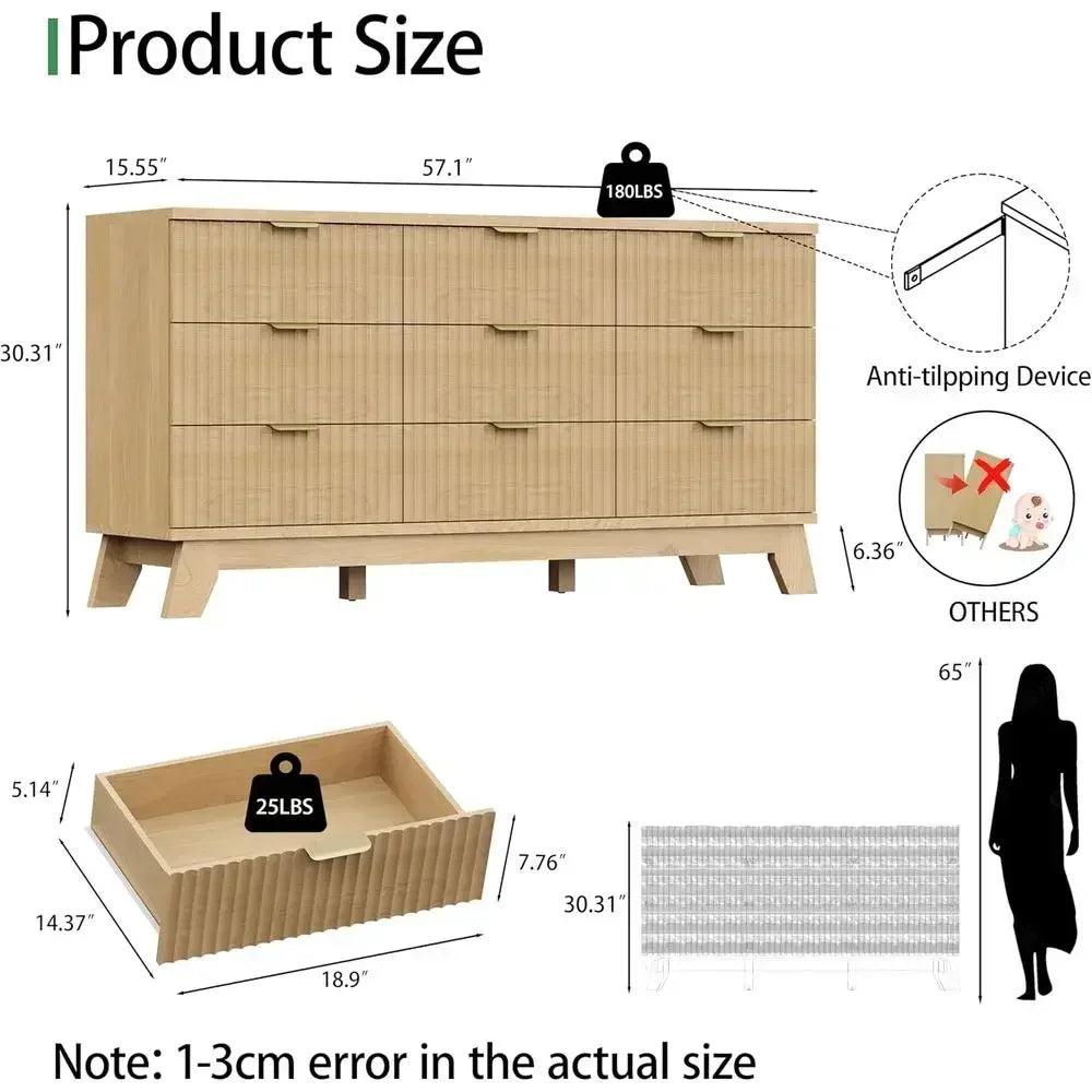 57” Modern Fluted Dresser with 9 Drawers – Wide Bedroom Storage Cabinet  Description