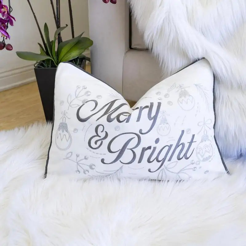 Merry and Bright Christmas Velvet Lumbar Throw Pillow Elegant Holiday Accent Cushion