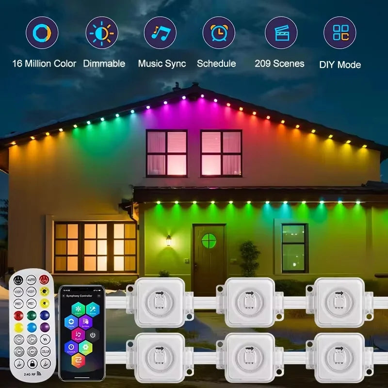 300ft RGB Eaves LED Lights Permanent Outdoor Lights String APP Bluetooth Light Strip Scene Modes Full House Party Wedding Light