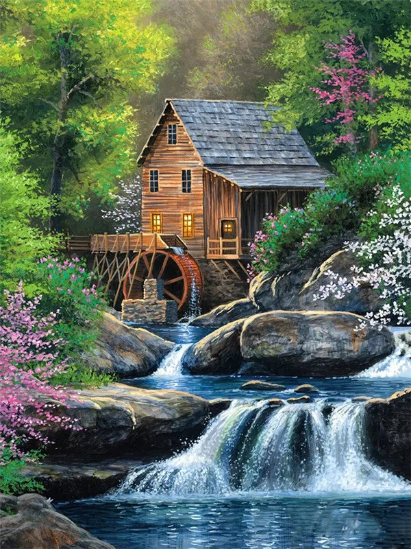 DIY Paint by Numbers Mountain Waterfall Landscape Canvas Kit. Adult & Kids Acrylic Painting Craft Home Wall Decor Gift