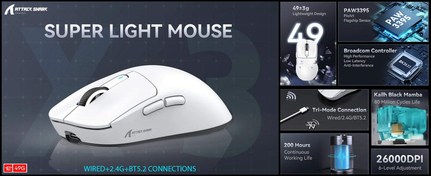 ATTACK SHARK X3 Ultra-Light Wireless Gaming Mouse, 49g Tri-Mode Bluetooth, 2.4GHz & USB-C Rechargeable Ergonomic Mouse for PC, Mac & Laptop