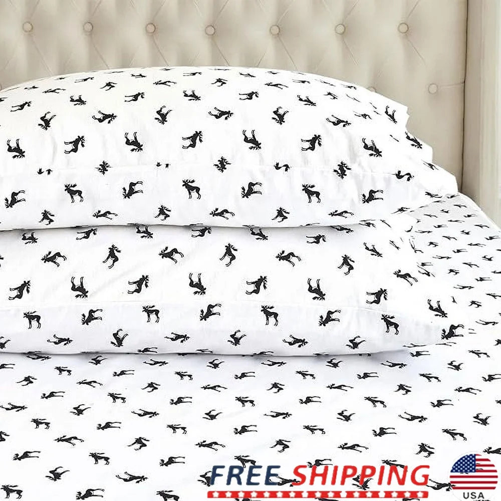 4 Piece King Flannel Cotton Sheet Set Deep Pocket Breathable Cozy Christmas Bedding Soft Durable Black Elk Pattern