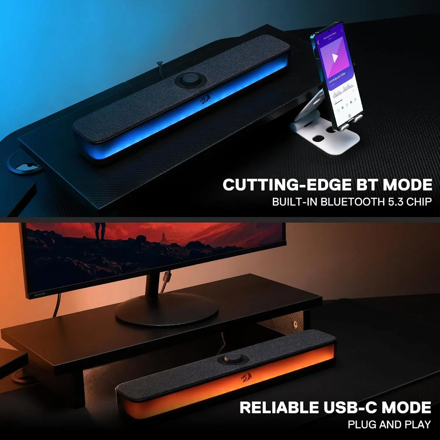 Redragon GS515 RGB Desktop Soundbar Stereo Computer Speaker with Bluetooth 5.3