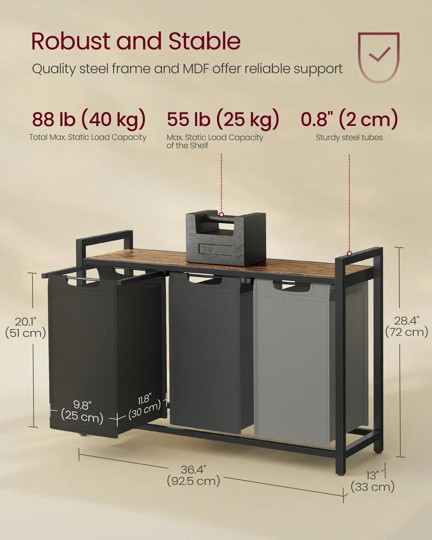 3-Bag Laundry Sorter with Rustic Wood Top. Large Laundry Hamper
