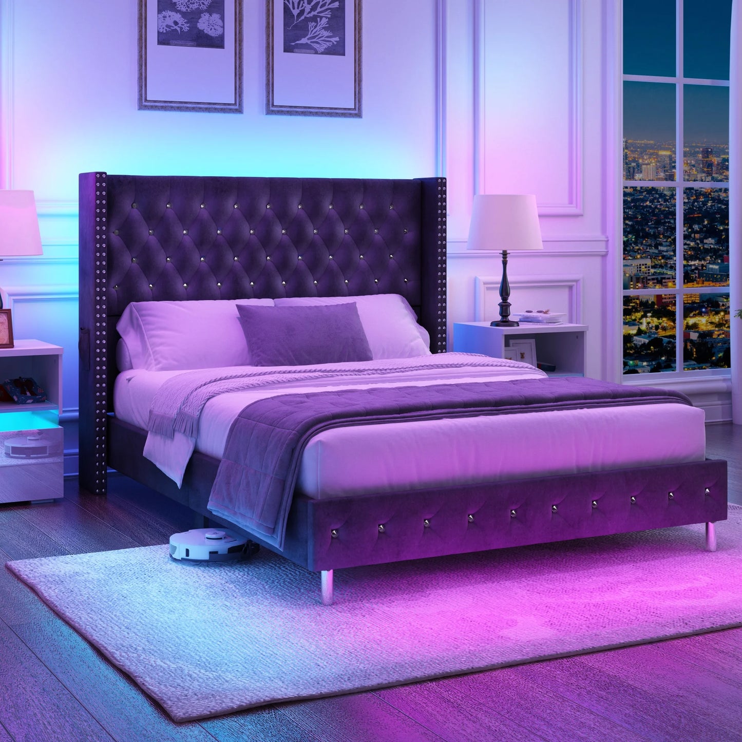 Bed Frame Queen Size with Wingback Headboard & LED Lights & Charging Station Modern Upholstered Platform with Diamond Button Tuf