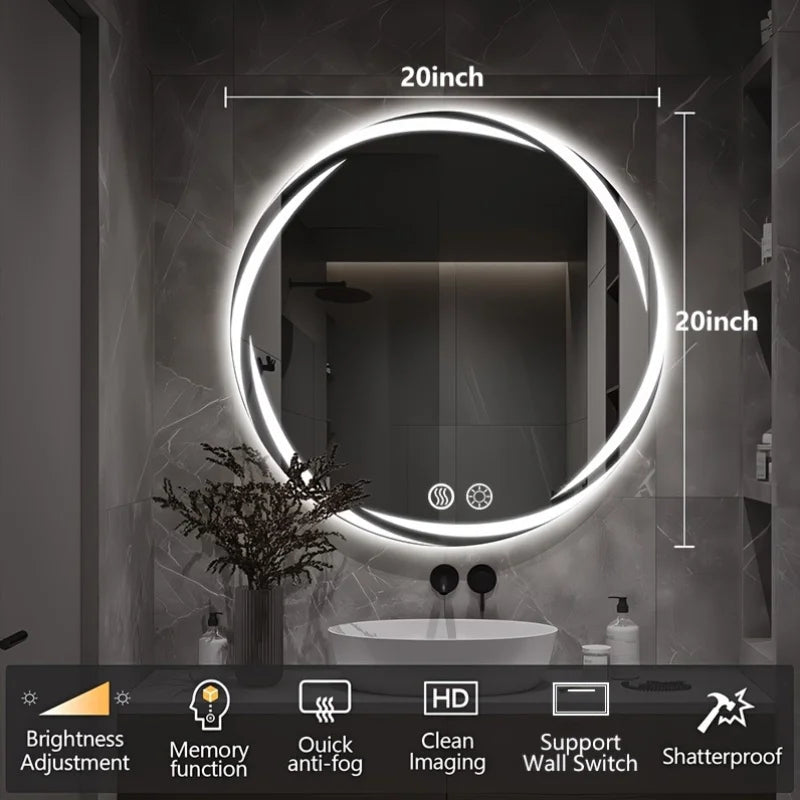 Circular LED Bathroom Mirror with Integrated Lighting | Anti-Fog Technology | Touch-Sensitive Dimmable | HD Makeup And Shaving Mirror | Wall-Mounted Vanity with Memory Function | US Standard Plug/Switch | 20" Diameter | Moder