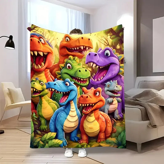 1 piece of cozy cartoon cute little dinosaur print flannel blanket - sofa cover, office, travel, Christmas and Halloween