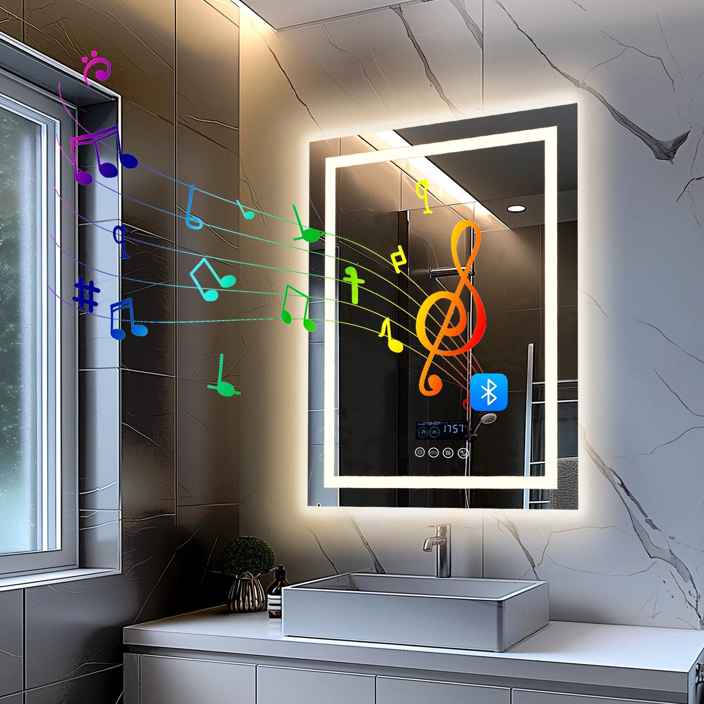 Square LED Lighted Bathroom Mirror With Bluetooth Speaker