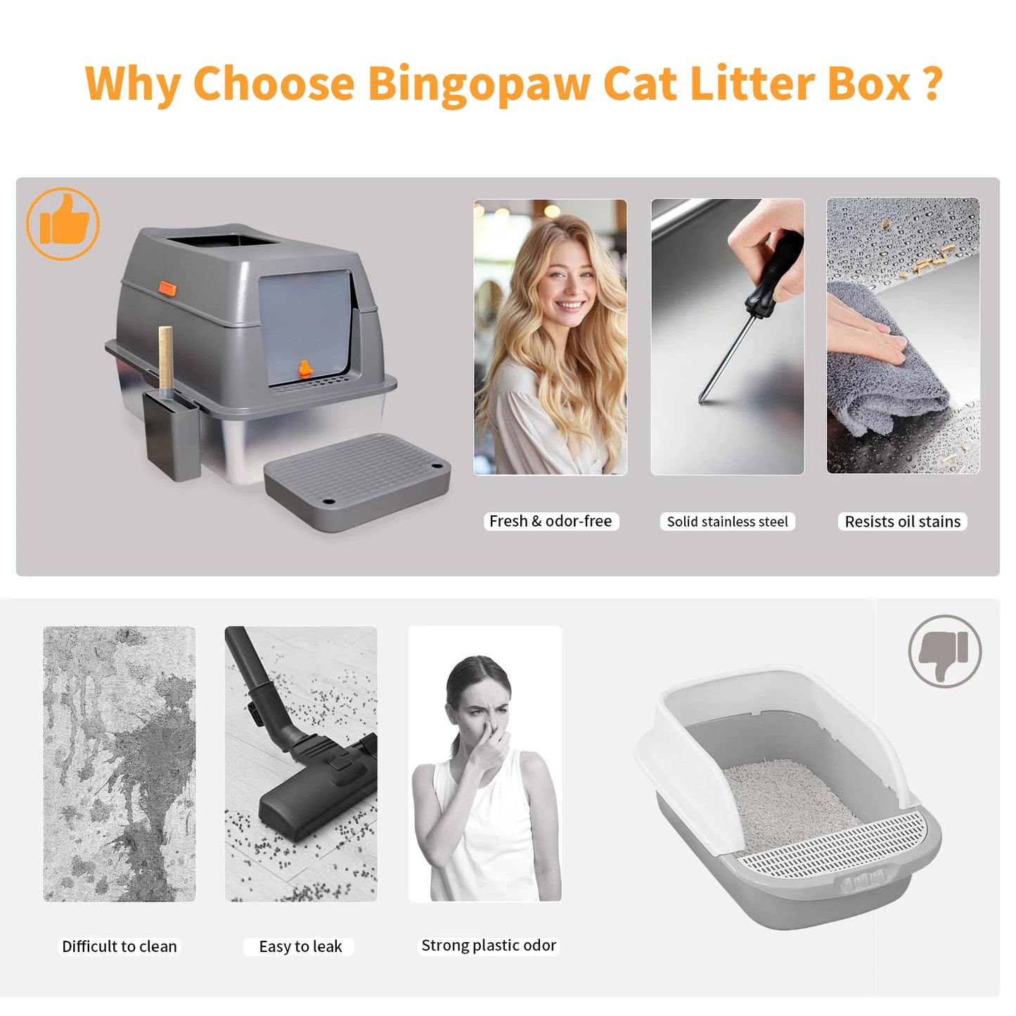 Enclosed Stainless Steel Cat Litter Box with Lid for Extra Large Cats Kitty Semi-open Design