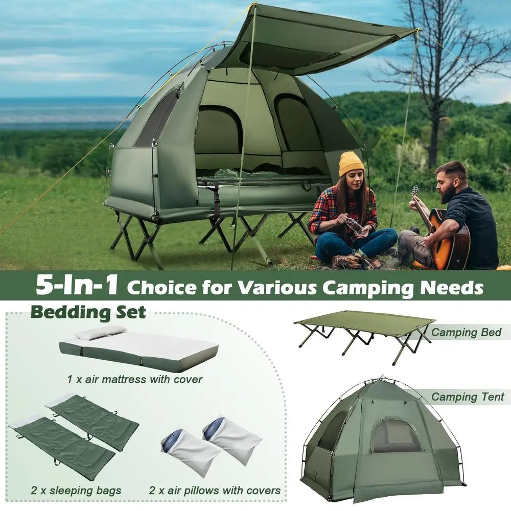 5-in-1 Elevated Camping Tent Cot Combo with Air Mattress, Sleeping Bag, Pillow & Awning