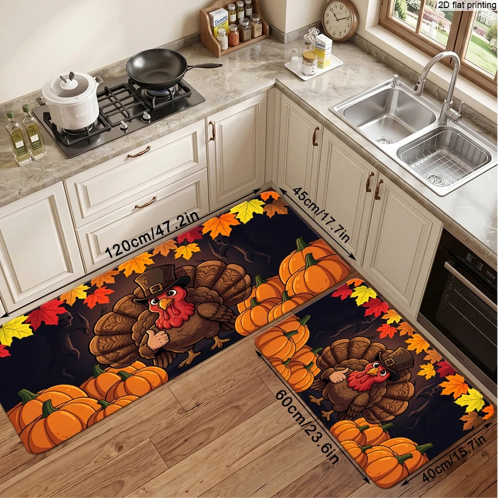 Thanksgiving Kitchen Runner Rug. Pumpkin, Turkey & Fall Leaves Non-Slip Floor Runner for Autumn Harvest Home Décor