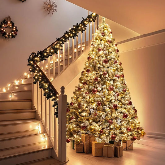 Spruce Artificial Christmas Tree Pre-lit 9ft Snow Hinges Tree with 900 Multicolor LED Lights & 2108 Branch Tips & Metal Stand