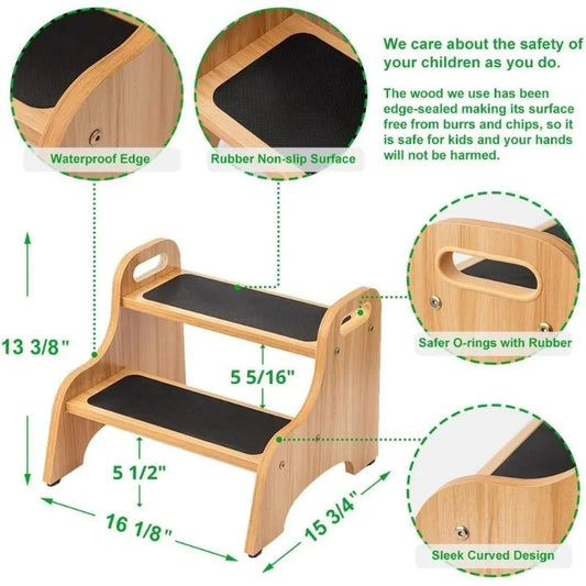 Wooden 2 Step Stools for Kids, Toddler with Non-Slip Stepping Surface, Portable Stool with Handles