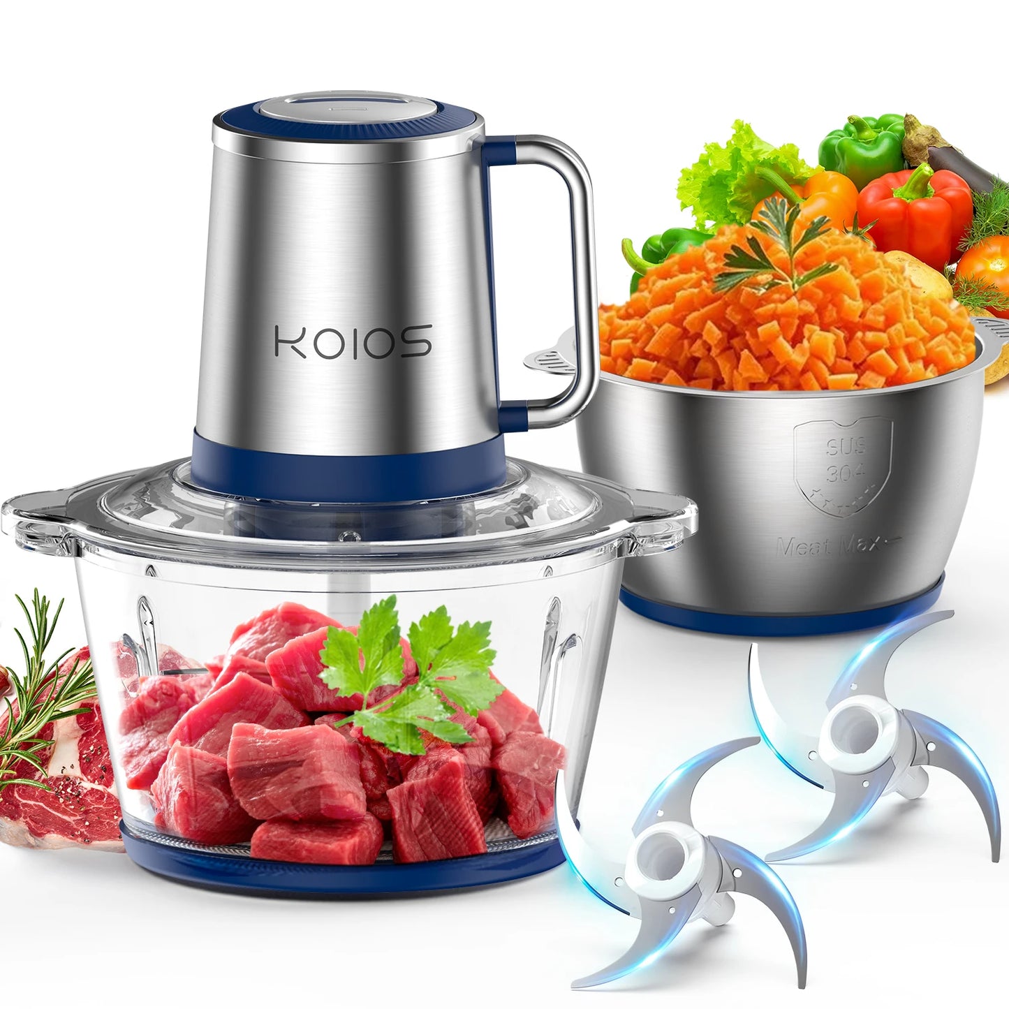 Electric Food Processor, 2-Speed Food Chopper Meat Grinder with 8Cup Stainless Steel &8Cup Glass Bowls for home kitchen