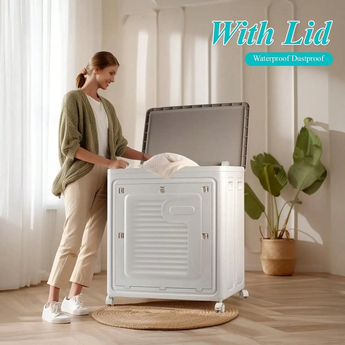 Slim Rolling Laundry Hamper with Lid & Wheels. Space-Saving Organizer