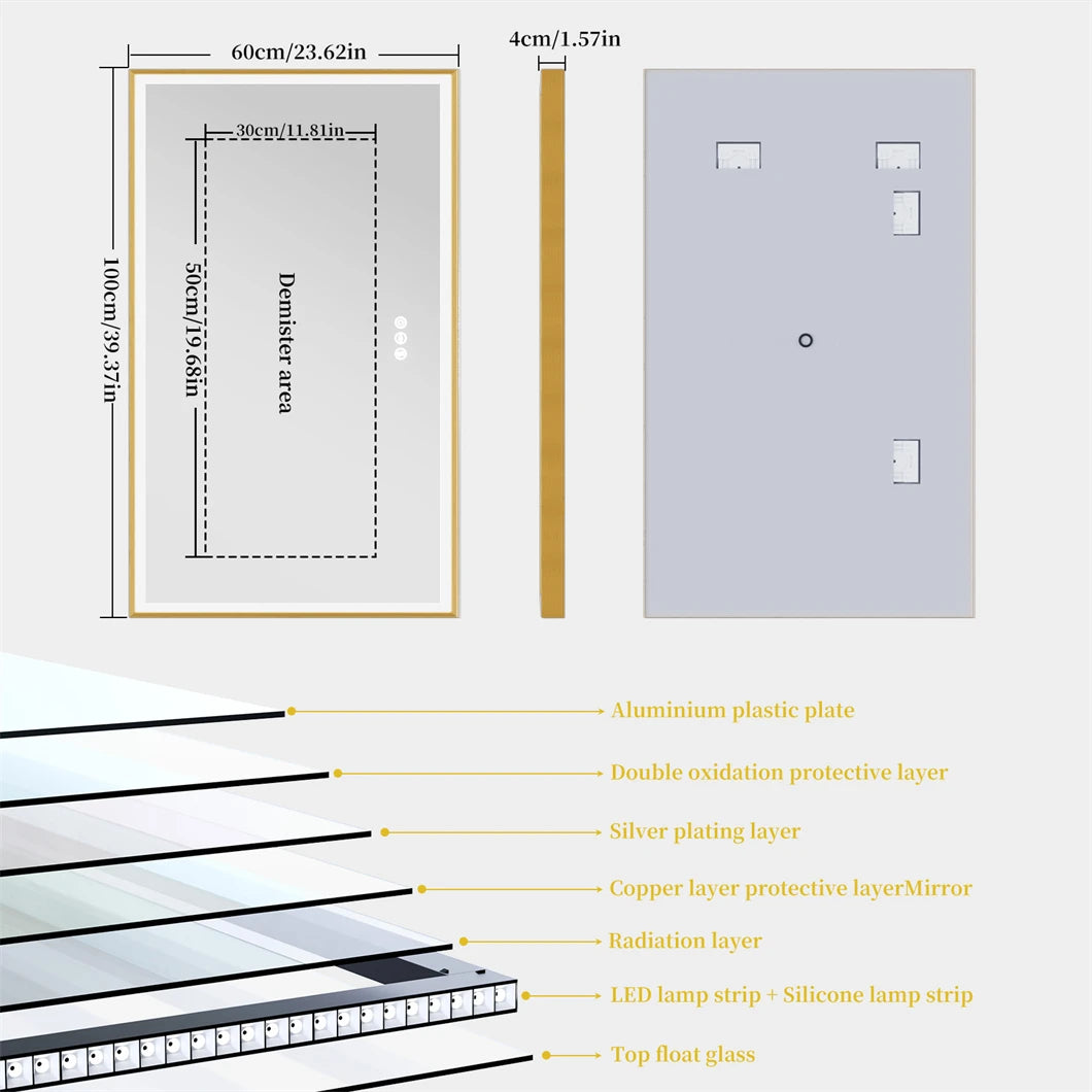 Led Bathroom Mirror Wall Mounted Aluminum Frame Anti Fog