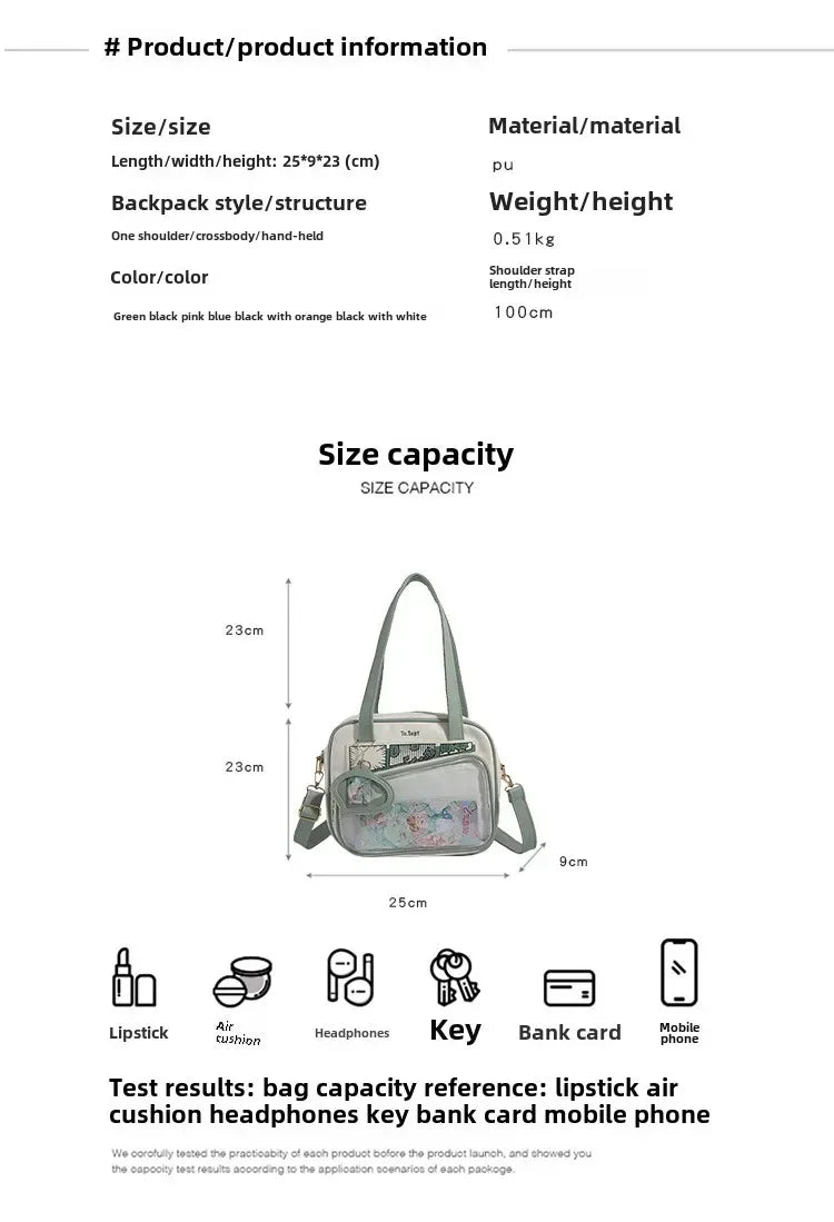Y2K Japanese Harajuku Ita Bag for Women Cute Shoulder Bag Girls Transparent Itabag Crossbody Bag JK Shoulder Bags Handbags