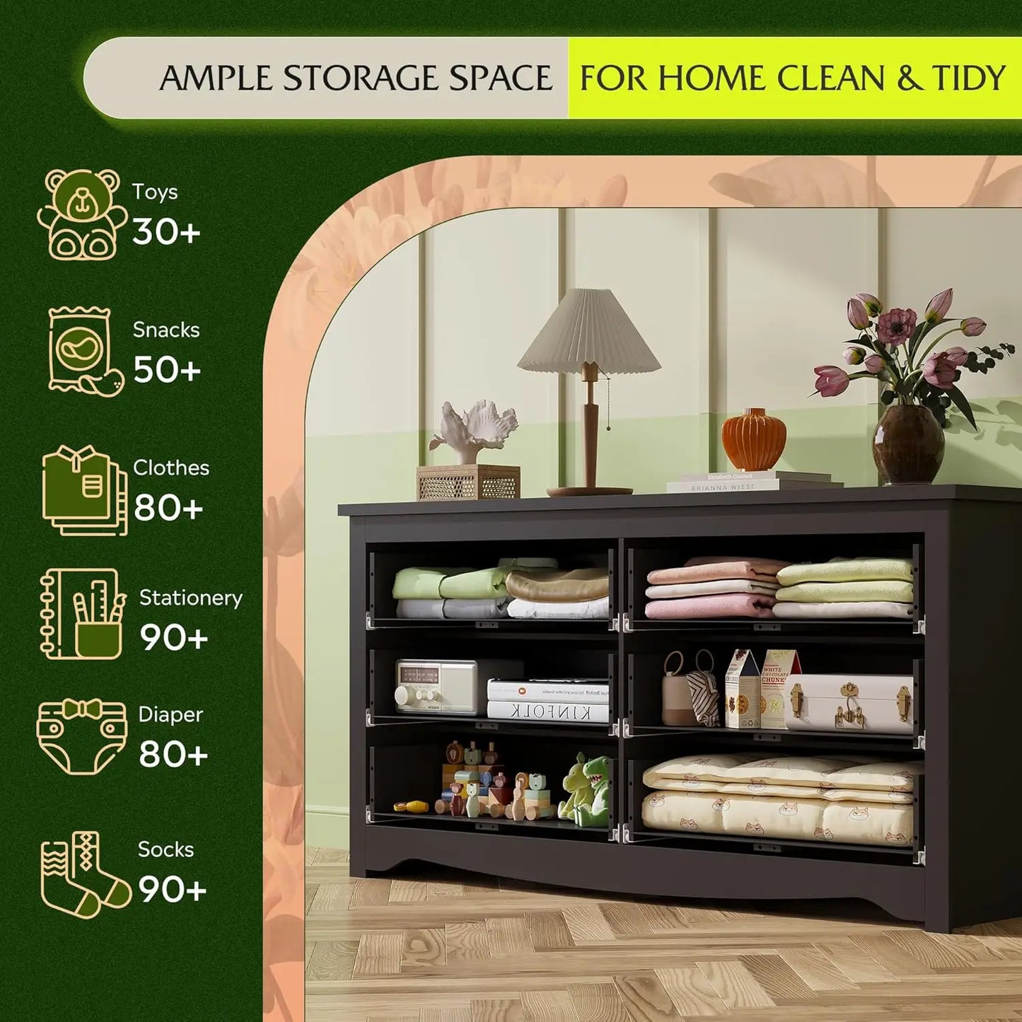Wood Dresser with 6 Drawer Wide Chest of Drawers for Bedroom Long Nightstand with Drawers Modern Large Storage Tower Unit Closet