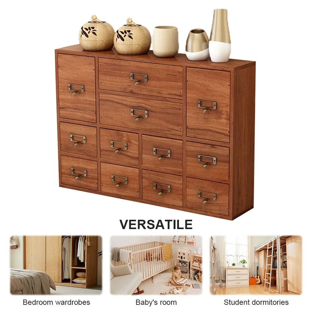 12 Drawer Wooden Apothecary Cabinet with Label Slot & Metal Handle Tabletop Storage Box Library Card Catalog Cabinet for Desk