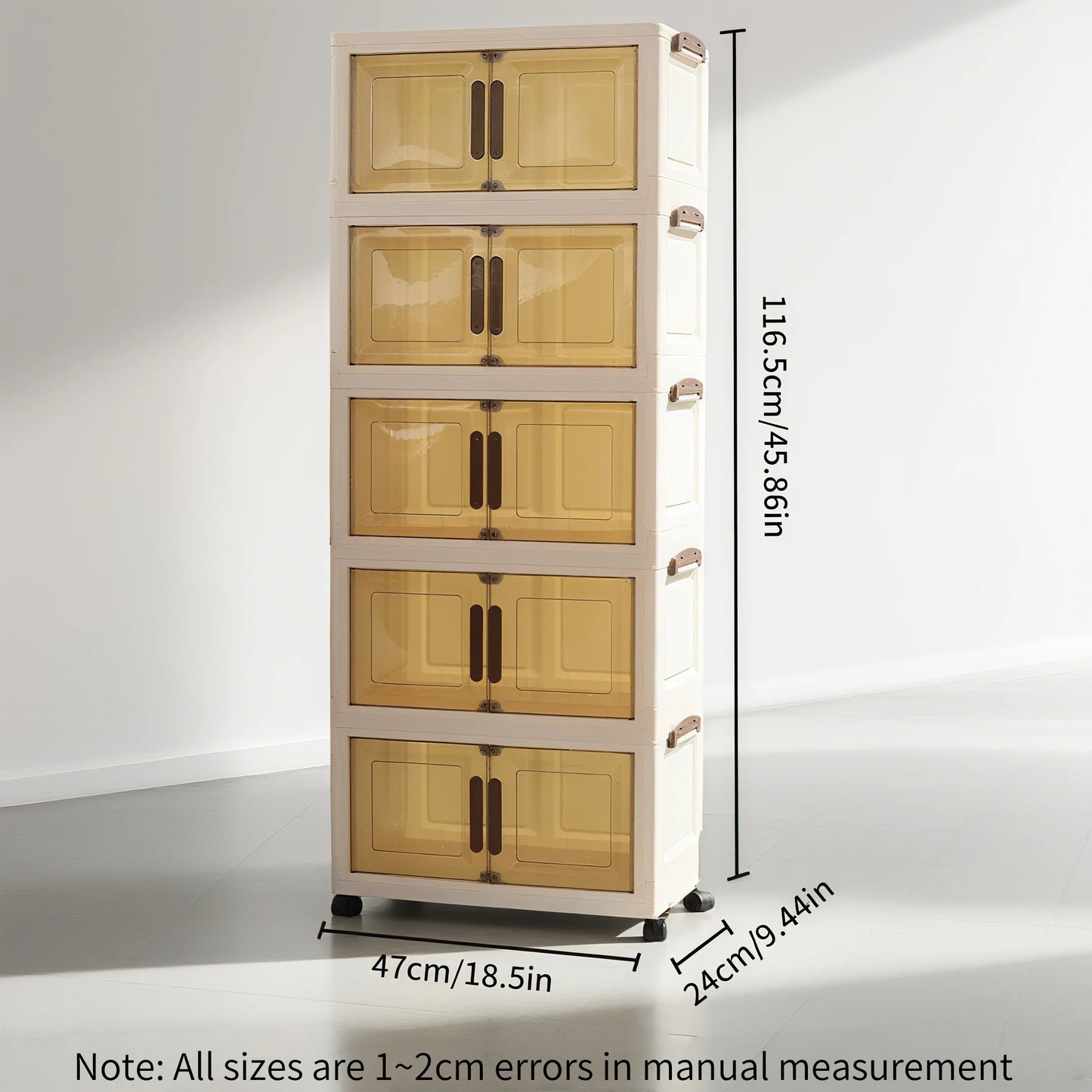 Foldable storage cabinet with stackable storage box, transparent magnetic door + universal wheels + stackable design
