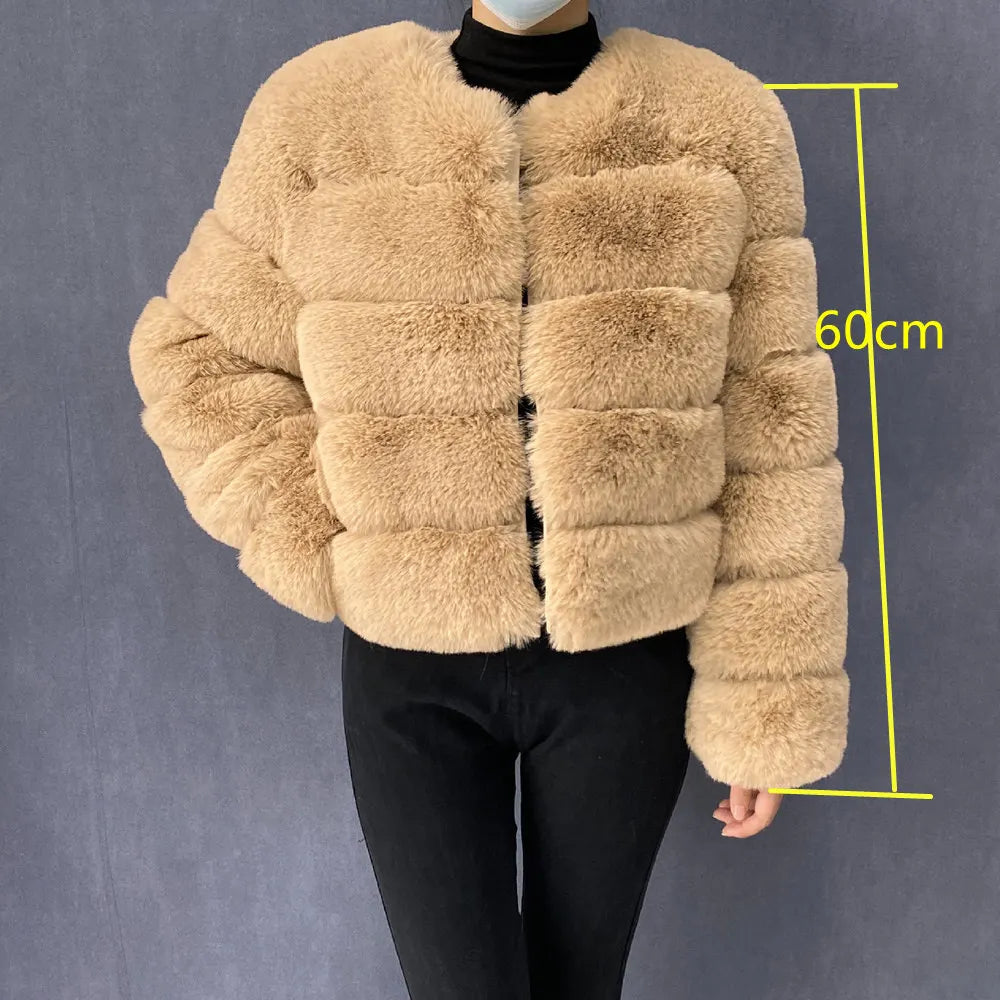 Women's Faux Fur Jacket . Plush Cropped Winter Coat with High Collar