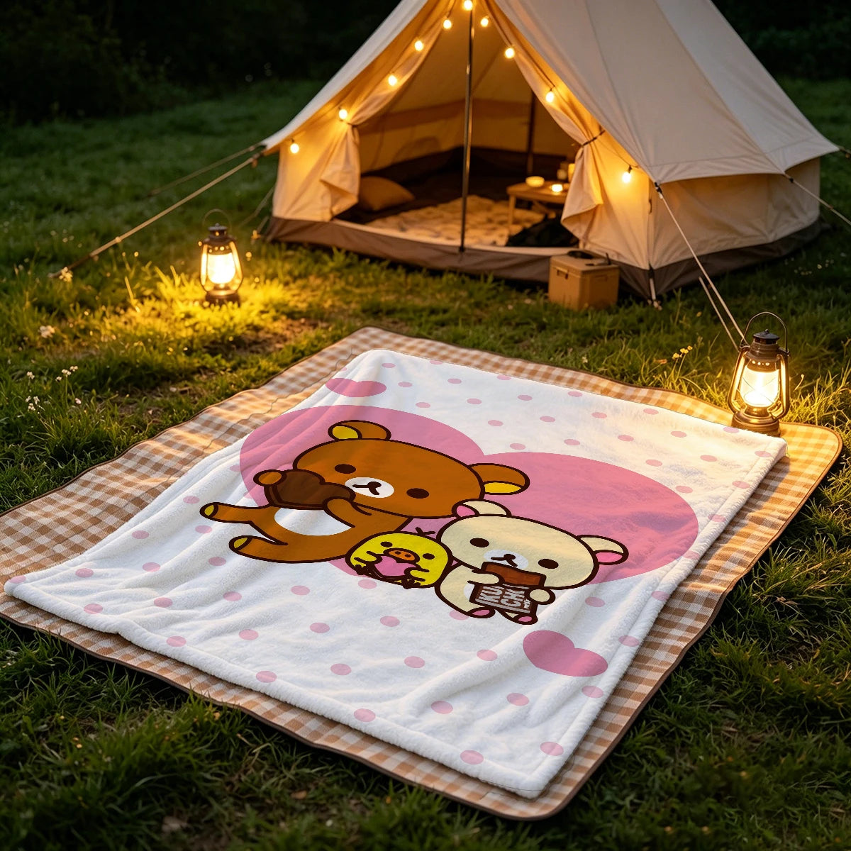 Rilakkuma Throw Blanket 1PC Cute Pink Heart Polka Dot Print Kawaii Cartoon Soft Flannel for Valentine's Day Home Decor