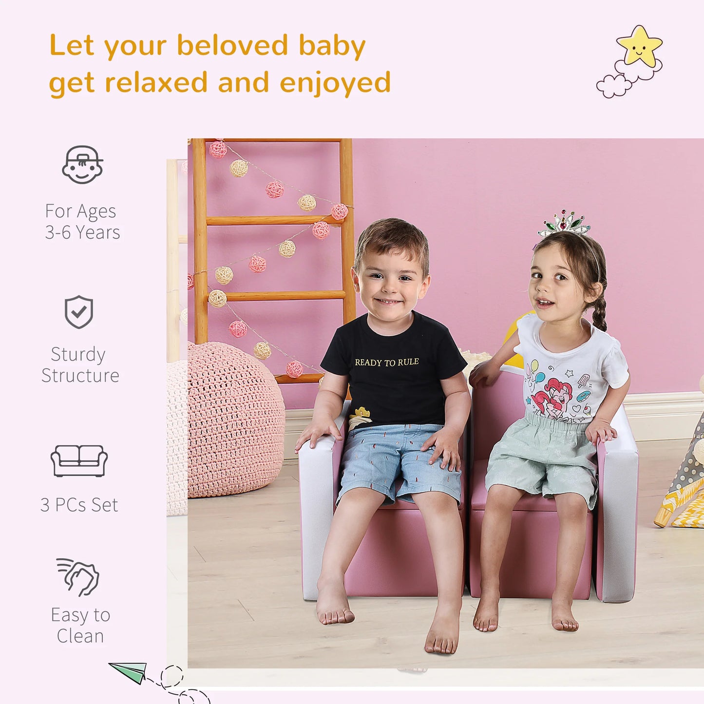 Kids Leather Sofa Armchair Multi-functional Table Chair Set Storage Pink