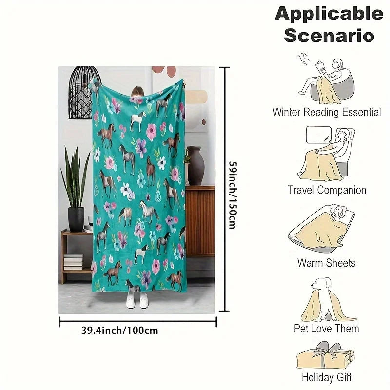 Cartoon Horse Floral Flannel Throw Blanket .Soft Cozy Horse Blanket for Bed, Sofa & Home