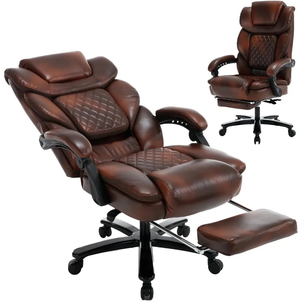 450lbs Big Tall Reclining Office Chairs with Foot Rest Back Support Ergonomic Wide Seat Recliner Desk Chair Brown Leather Execut