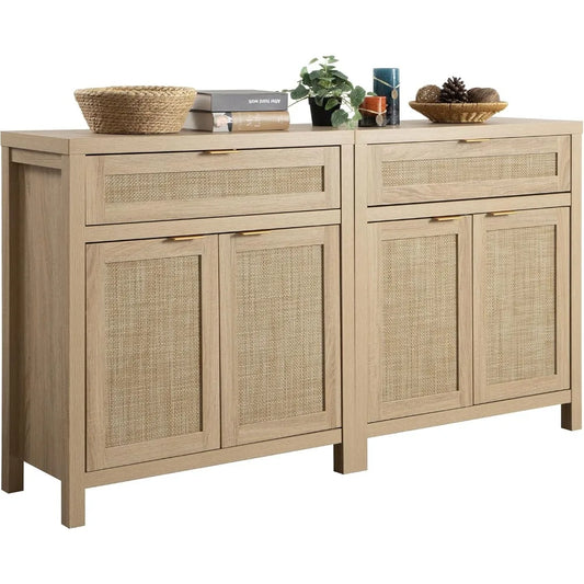 SICOTAS Sideboard Buffet Storage Cabinet Set of 2, Rattan Credenza Buffet Table, Boho Console Accent Cabinet with Doors and Draw