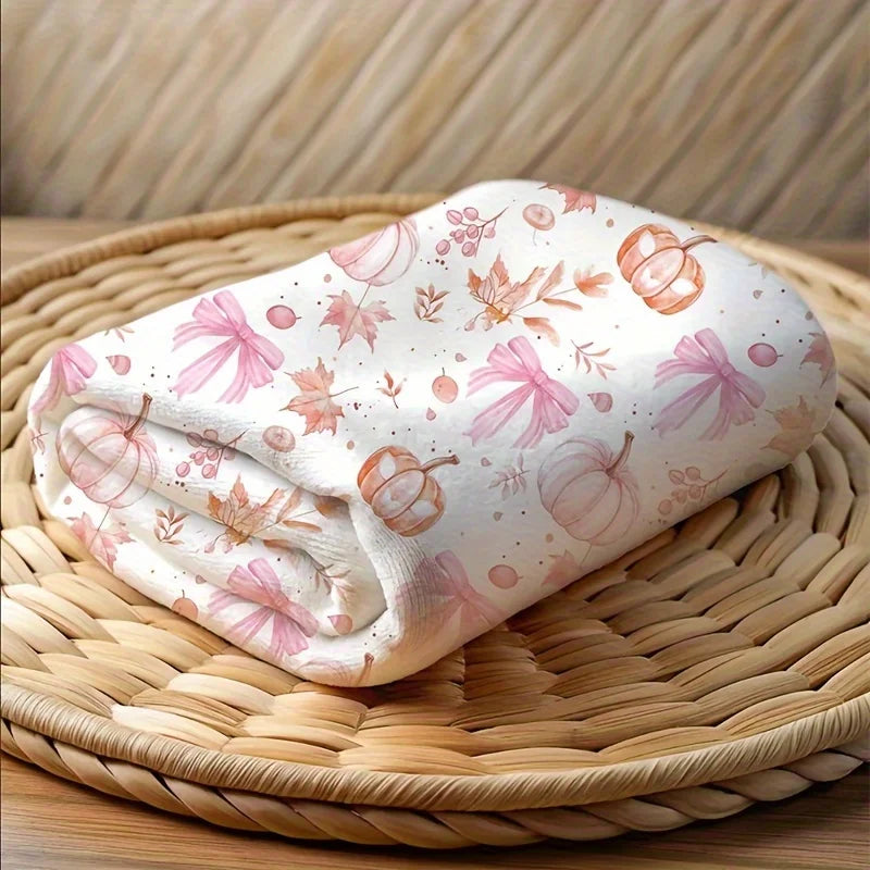 Cozy Pink Pumpkin & Leaf Flannel Plush Blanket. Soft All Season Throw Blanket