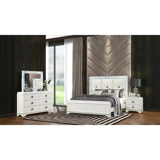 Modern Style 4 Piece Queen Upholstered Bedroom Set with Wood and Crystal Accents in White