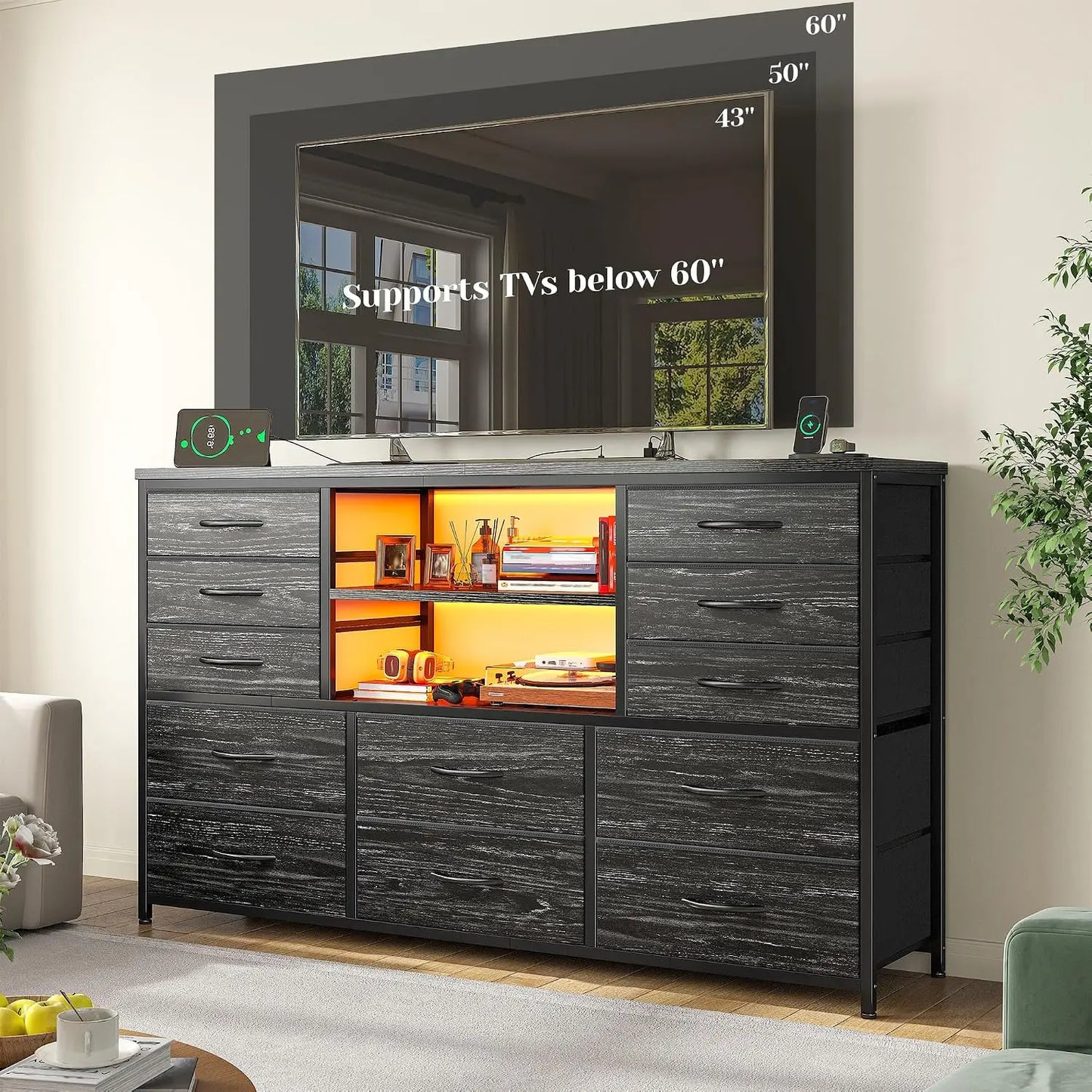 LED Bedroom Dresser with Charging Station & Storage Drawers