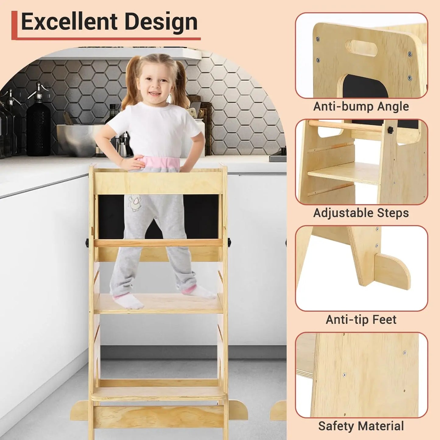 Wooden Kids Kitchen Step Stool with Blackboard & Safety Rails | Adjustable Montessori Learning Helper for Toddlers