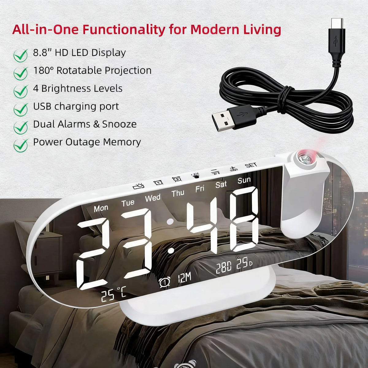 Digital Projection Alarm Clock – 8.8-Inch LED Display for Bedroom