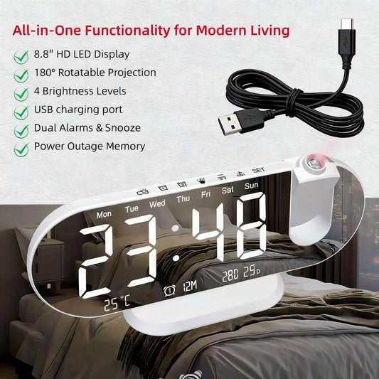 Digital Projection Alarm Clock – 8.8-Inch LED Display for Bedroom