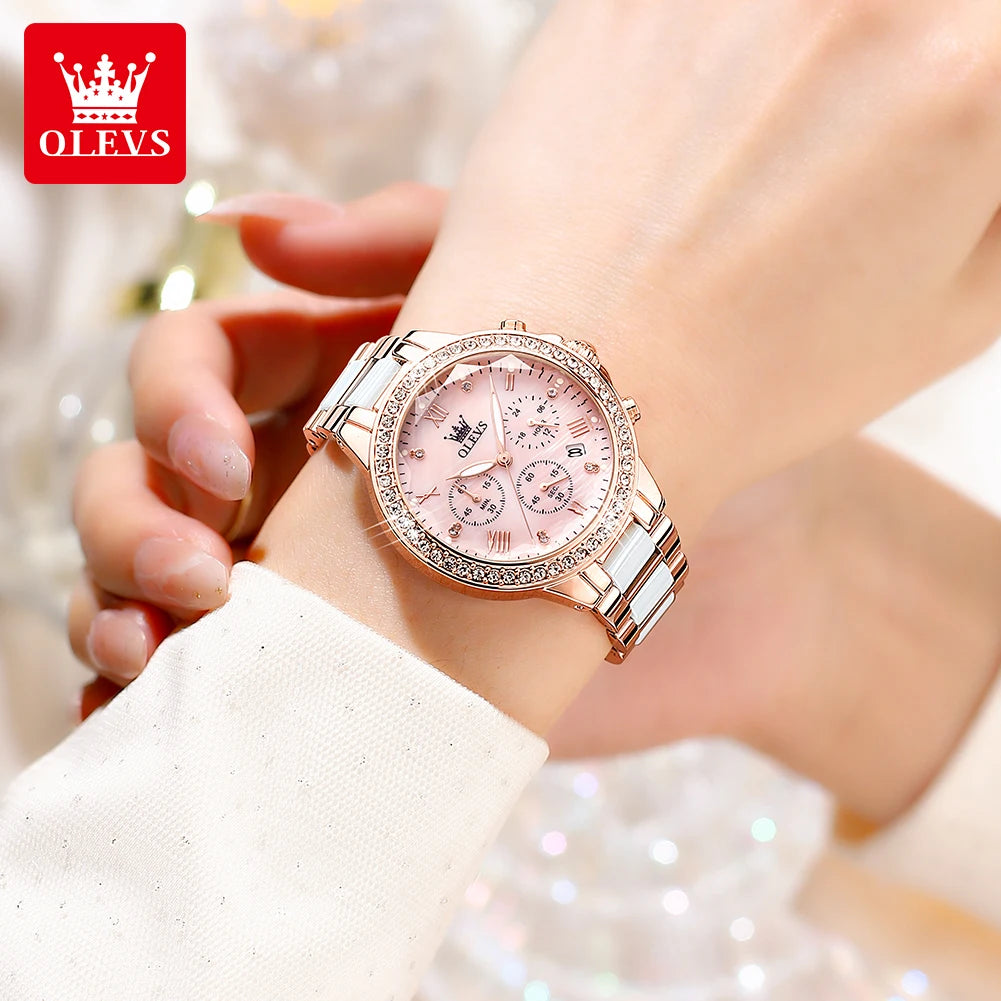 OLEVS Luxury Women’s Waterproof Chronograph Watch. Rose Gold Crystal Fashion Timepiece