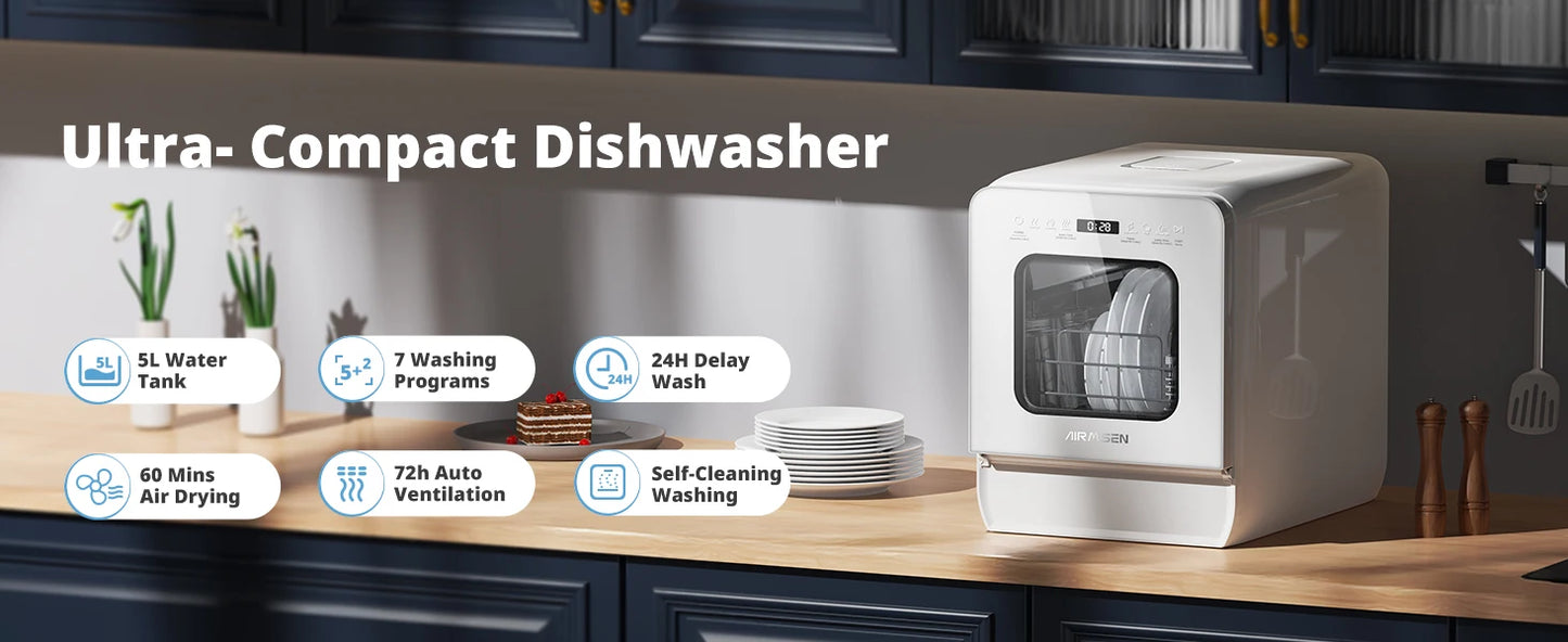 Portable countertop dishwasher with 5-liter tank features 14.6-inch ultra-narrow design, 9 programs, 24-hour delayed start